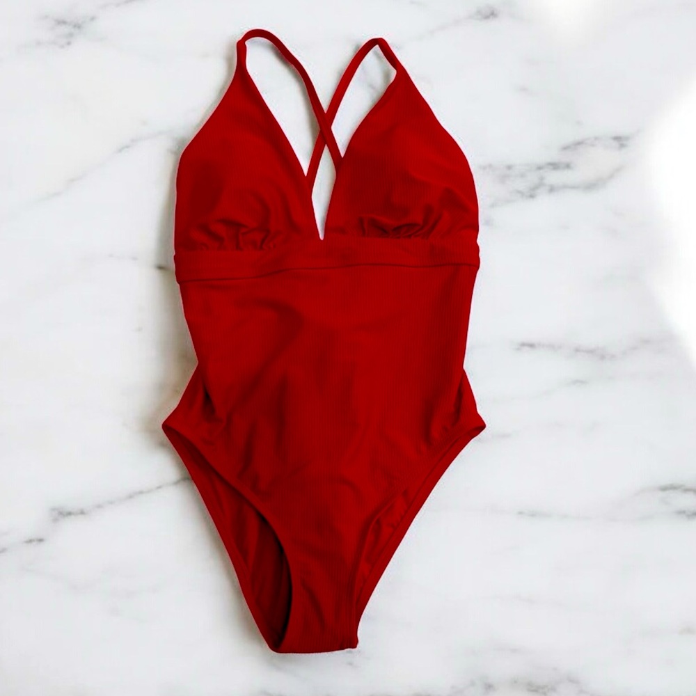 Time and Tru Red One Piece Swimsuit V-Neck Cross Straps